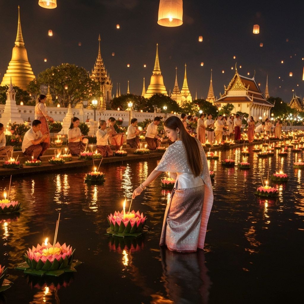 Loy Krathong Festival Night Scene in Thailand