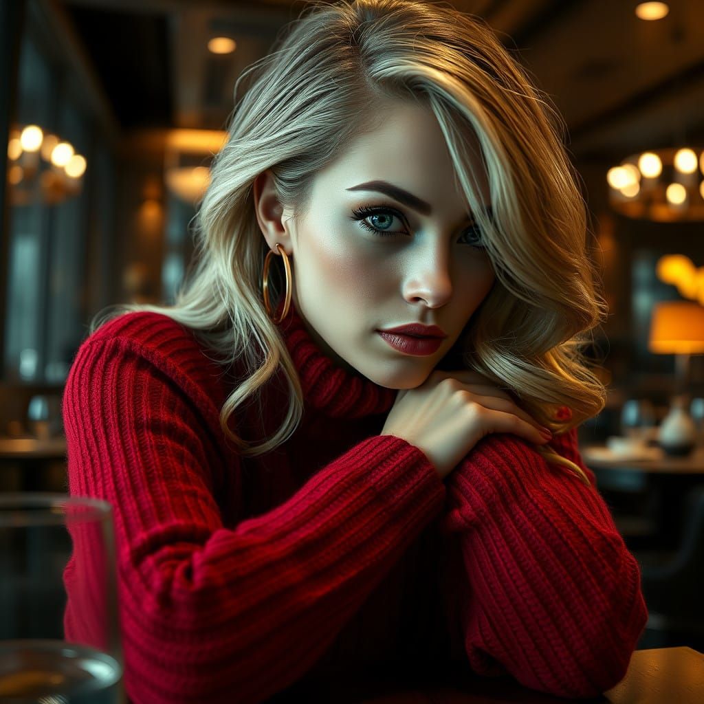 Elegant Woman in Crimson Turtleneck Sweater, Wavy Blond Hair...