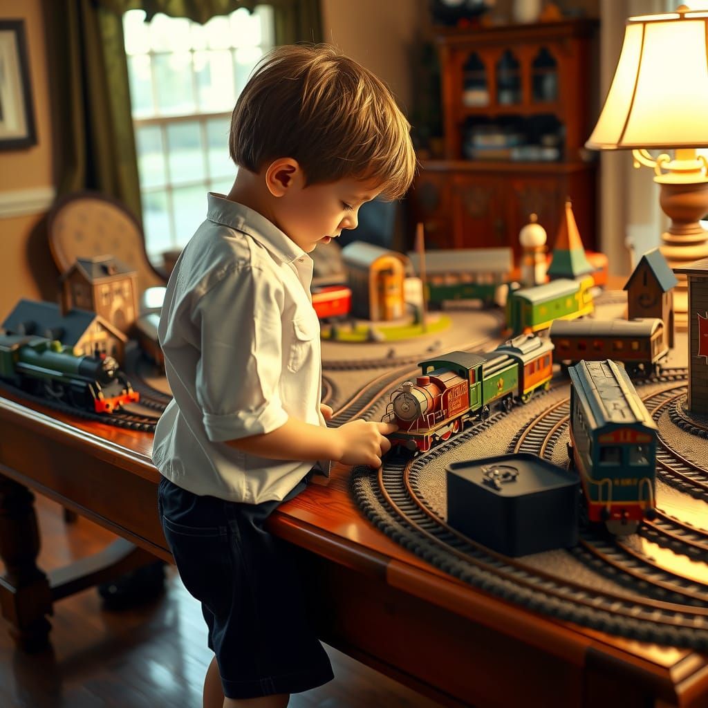 Boy Wondering at Father's Model Train Set in Warm, Cozy Ligh...
