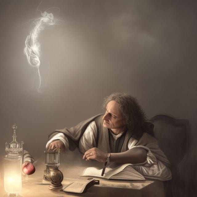 Isaac Newton at Laptop: Cinematic Digital Art