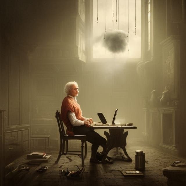 Newton at Laptop: Cinematic Digital Art Portrait