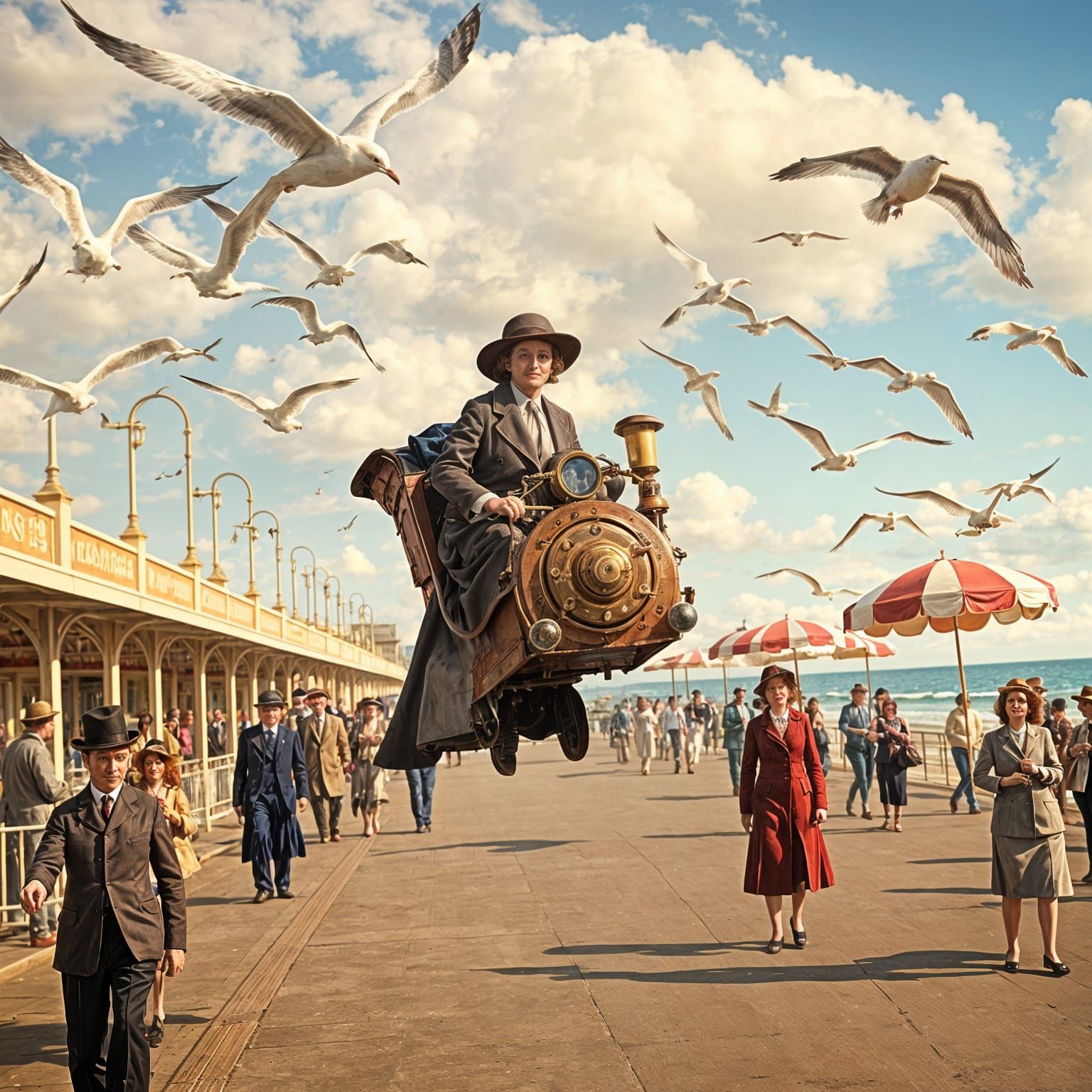 Vintage Glamour Seaside Steampunk Airship Soars Down Promena...