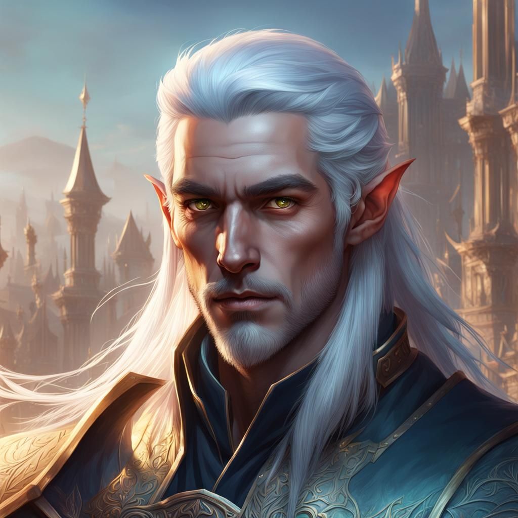 White-Haired Elf Prince Portrait in Hyperdetailed Style