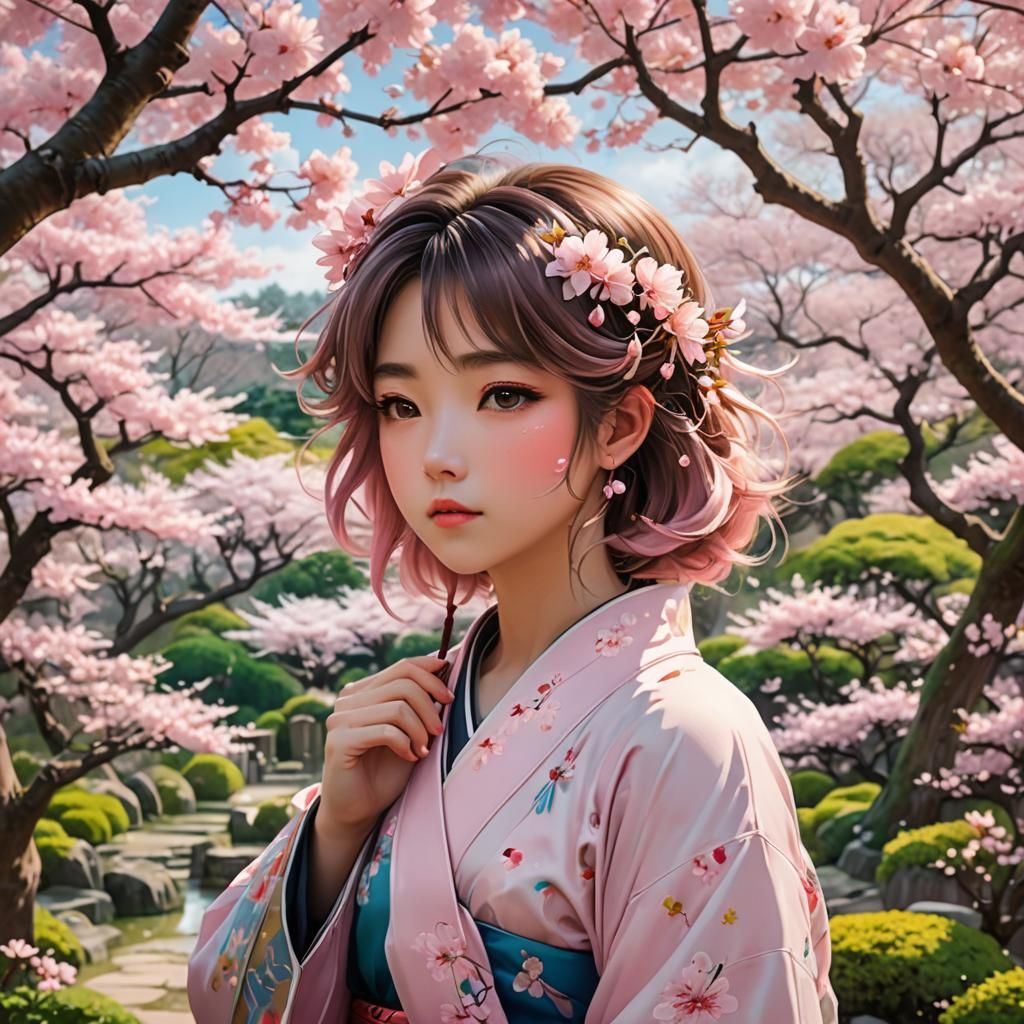 Anime Woman with Cherry Blossoms in Japanese Garden