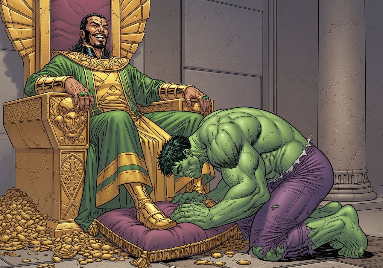 Mandarin on Throne with Hulk in Marvel Comics Style