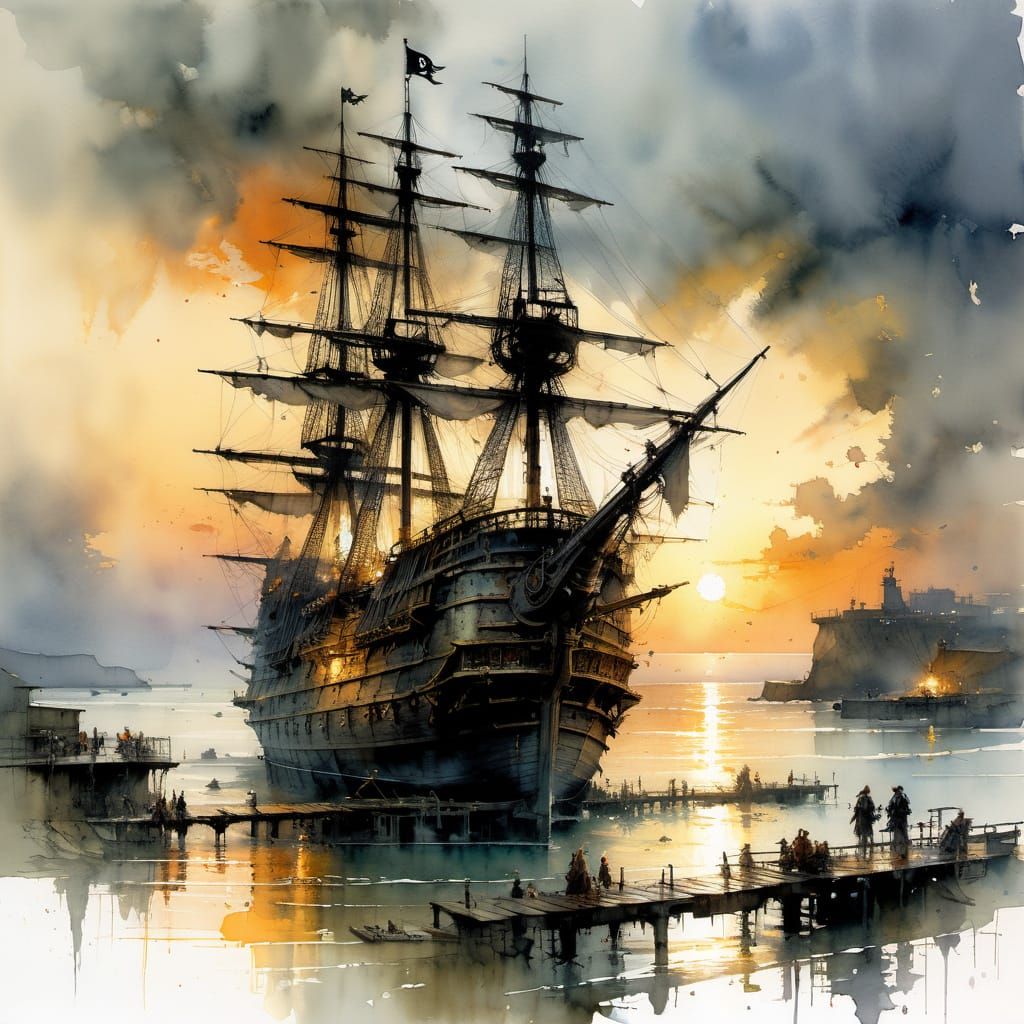 Vibrant Pirate Galleon in Sunrise Watercolour