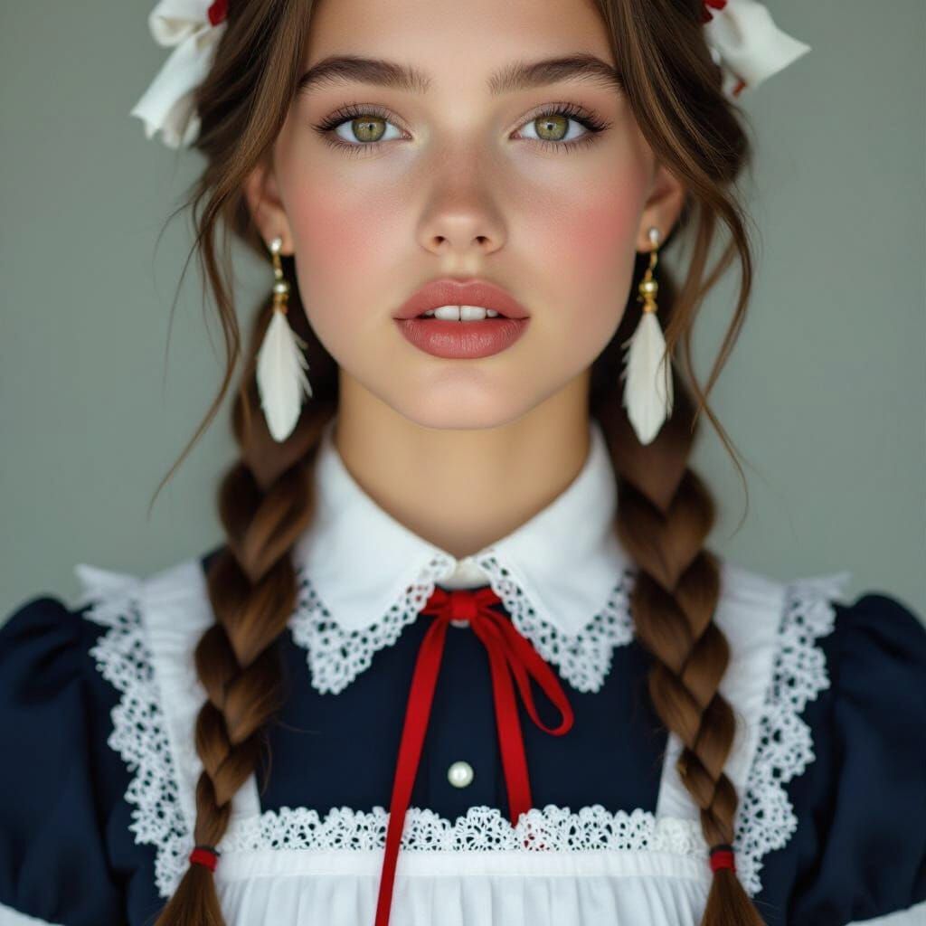 Schoolgirl Portrait in Blue Dress with Lace Apron