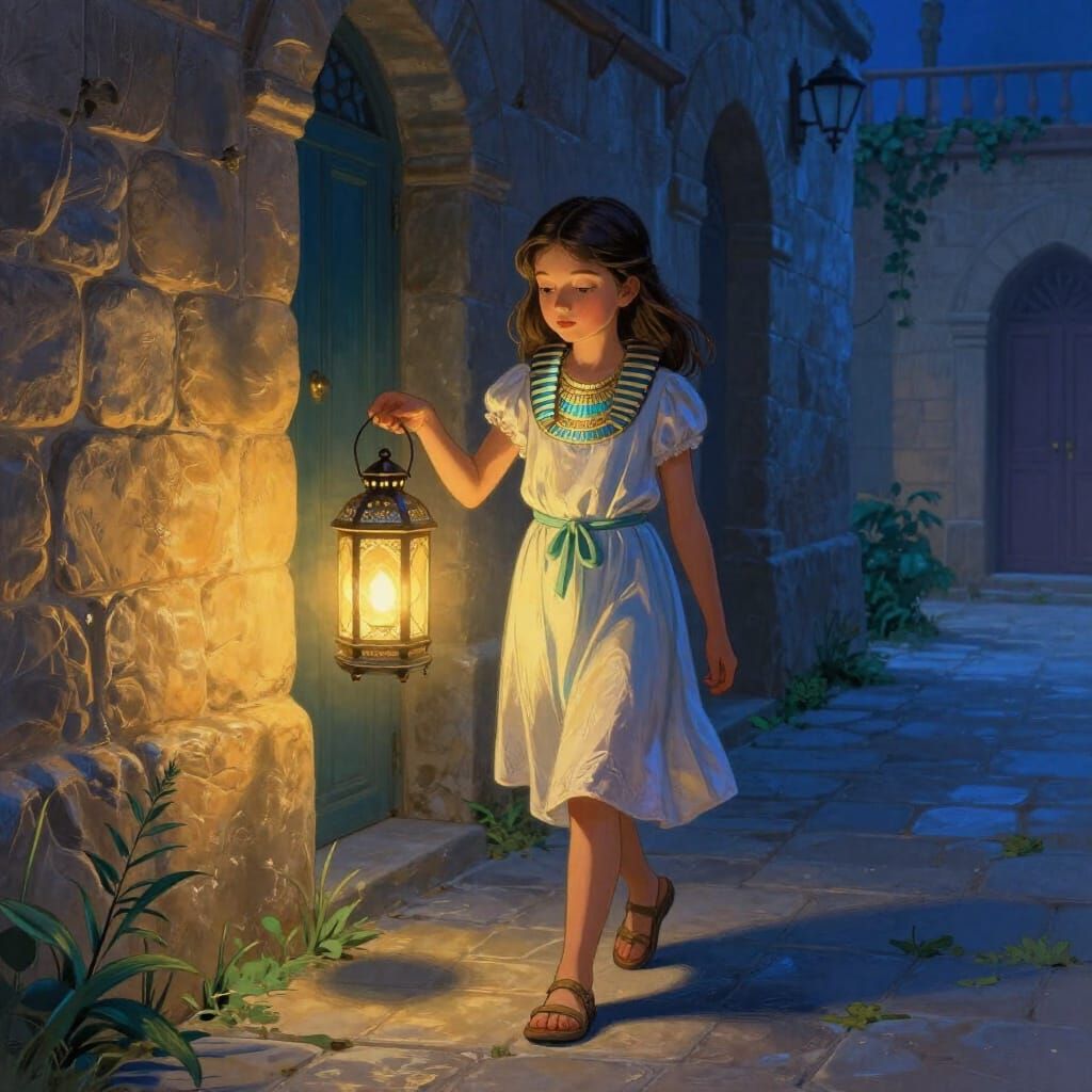 Girl with Egyptian Lantern in Tranquil Alleyway