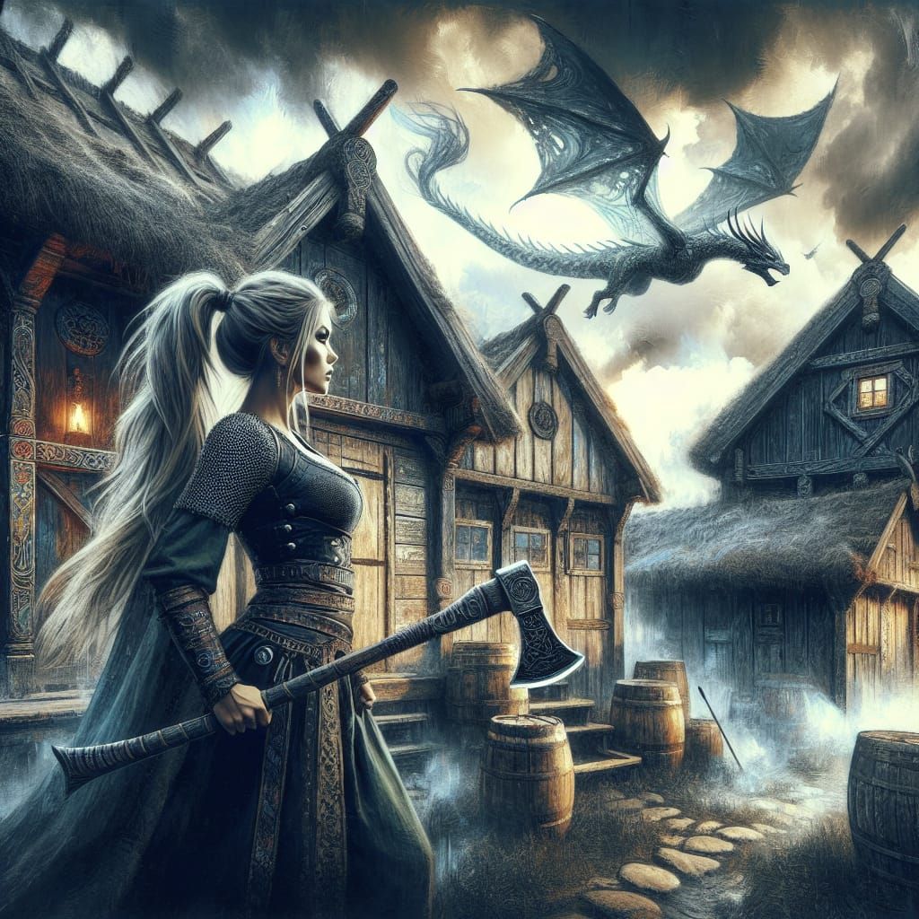 Saxon Warrior and Dragon in Dark Fantasy Style