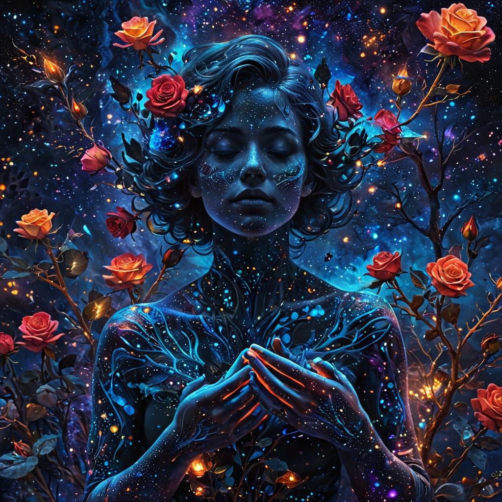 Cosmic Black Roses Emerge From Woman's Hands in Astral Art