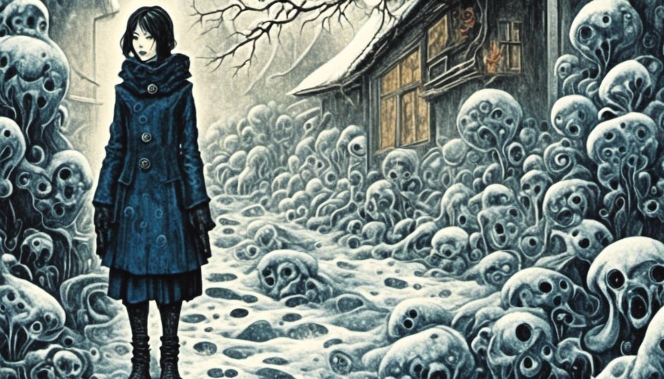 Yuki-Onna in Snowy Alley: Japanese Horror Illustration