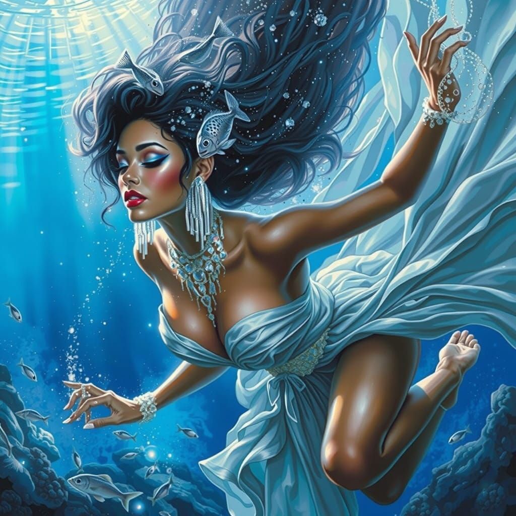 Glamorous Mermaid Goddess in Iridescent Evening Gown