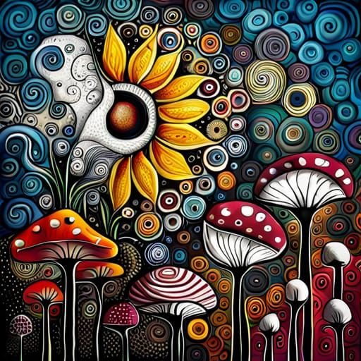 Mixed Media Painting of Flowers and Fantasy Elements