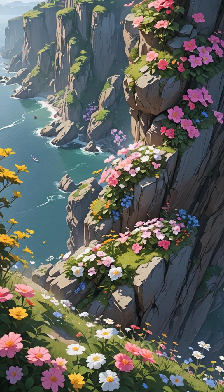 Flowers on Cliffside in 3D Anime Style