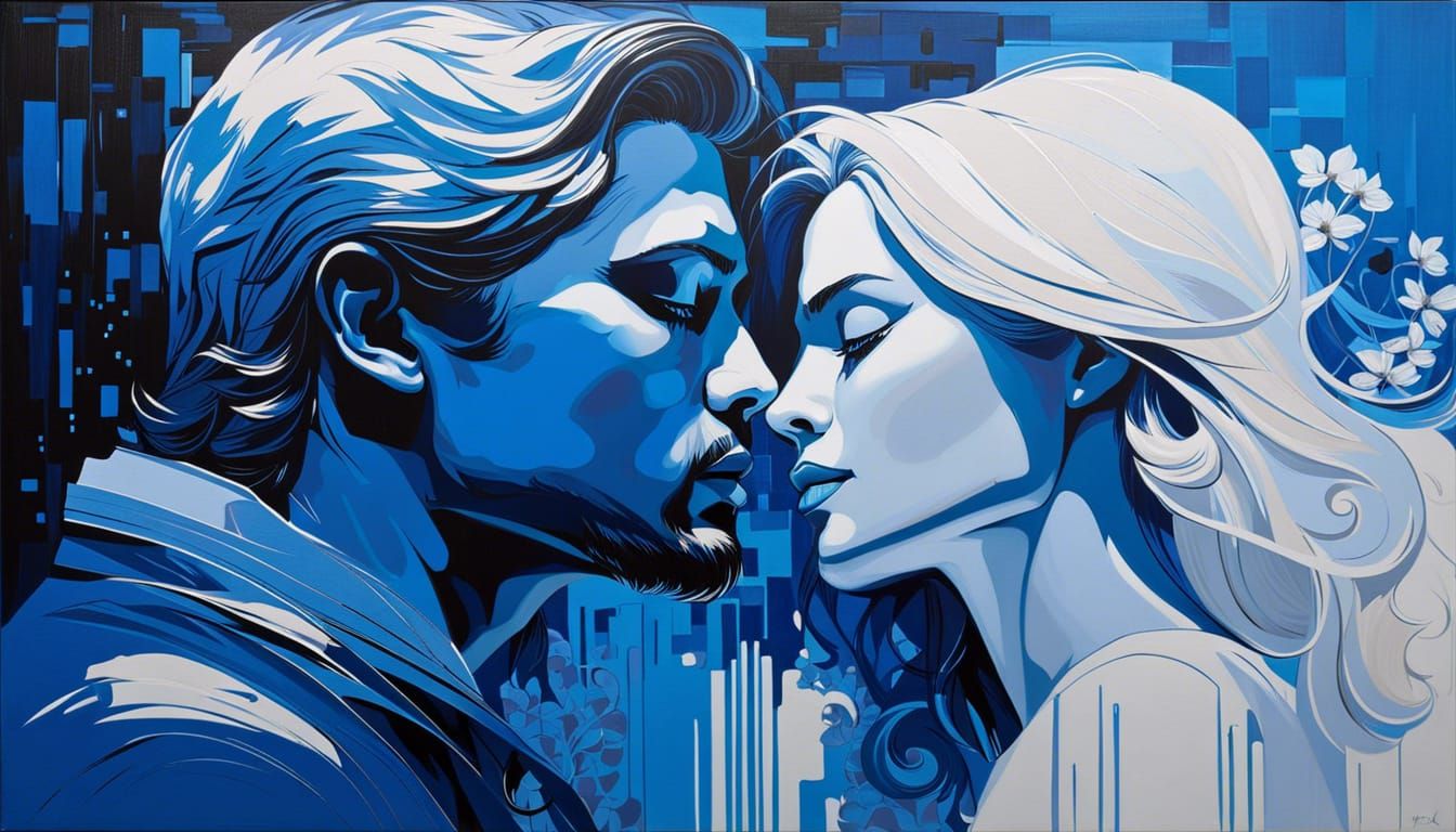 Lovers' Kiss in Blue and White Contemporary Style