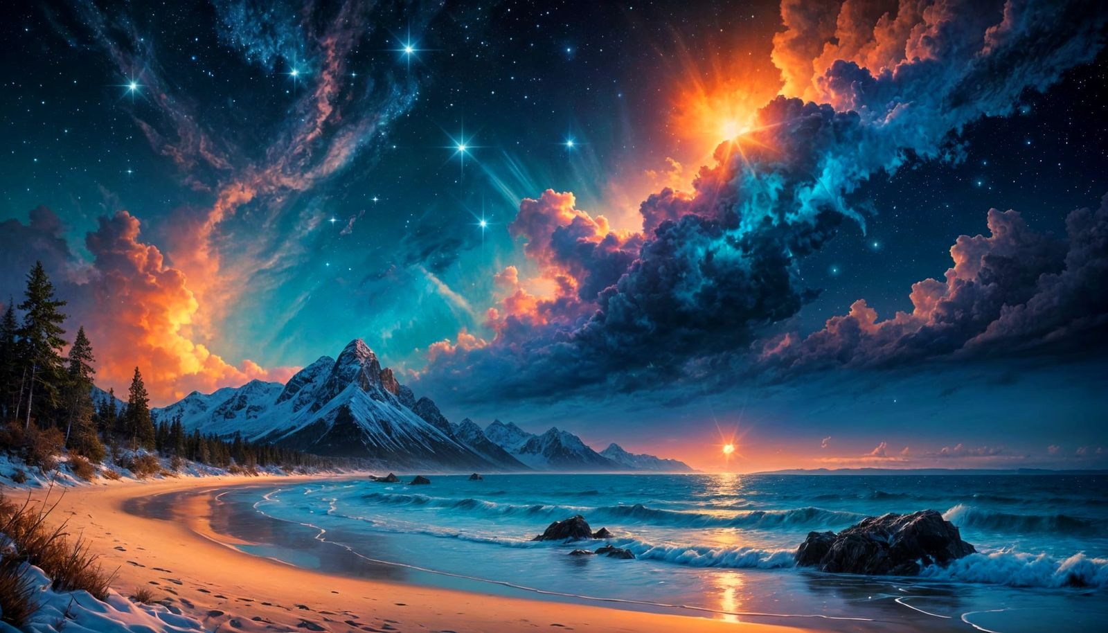 Winter Beach Under a Starry Sfumato Sky