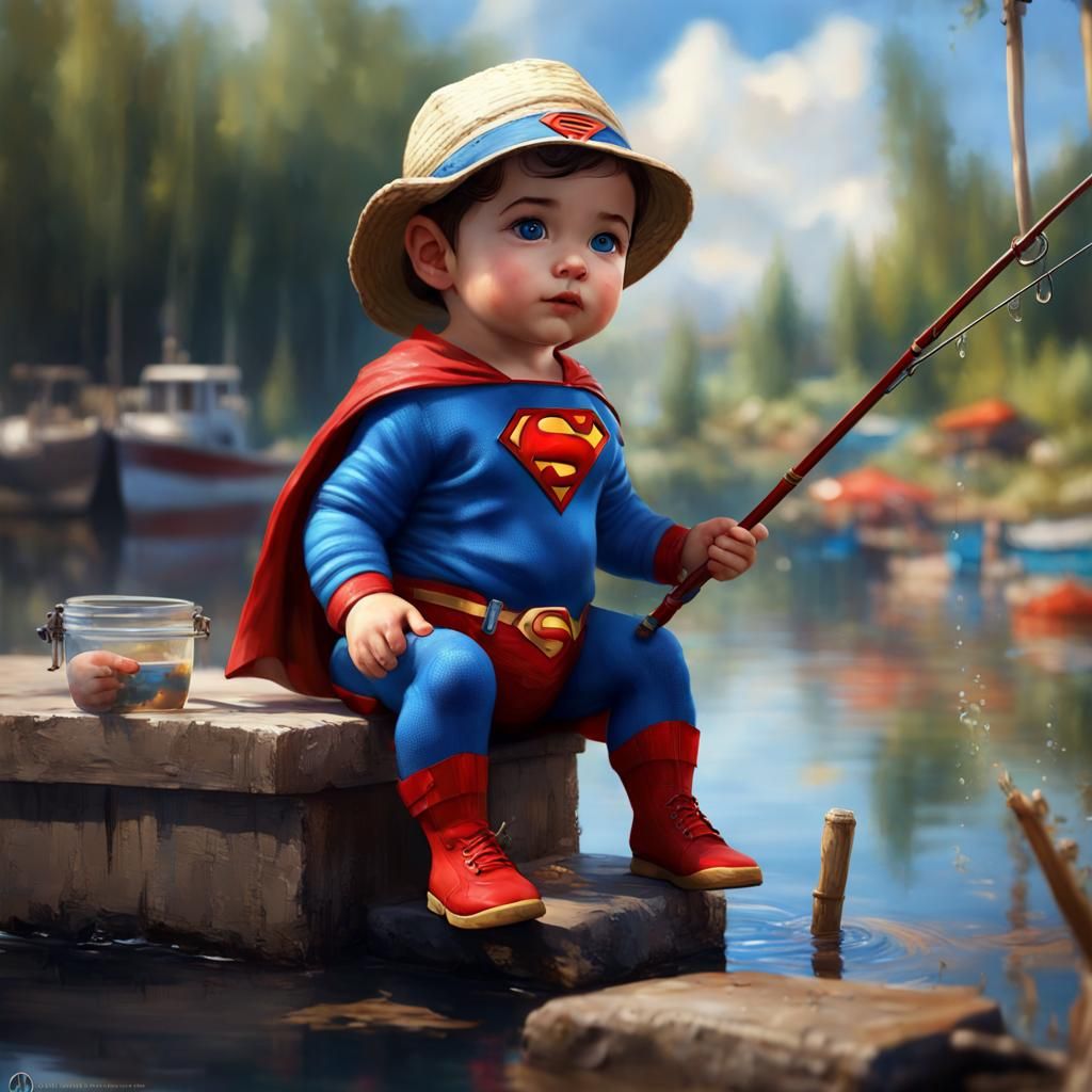 Supercute Superman as Fisherman on Pond