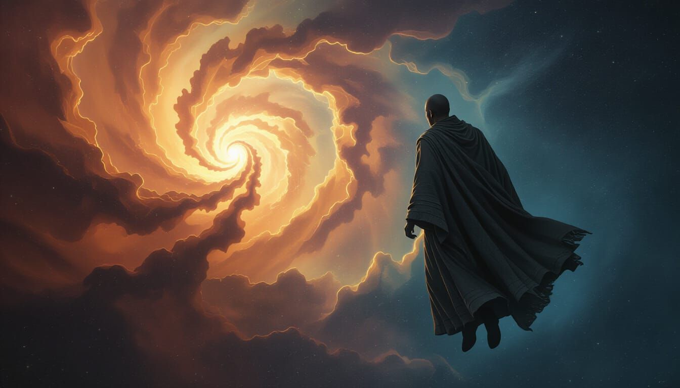 Lone Sage Gazing at Swirling Nebula in Deep Space