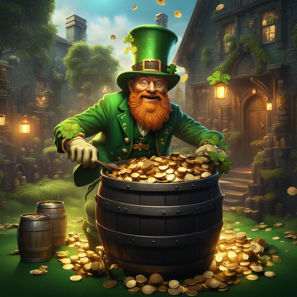 St. Patrick's Leprechaun with Gold and Guinness