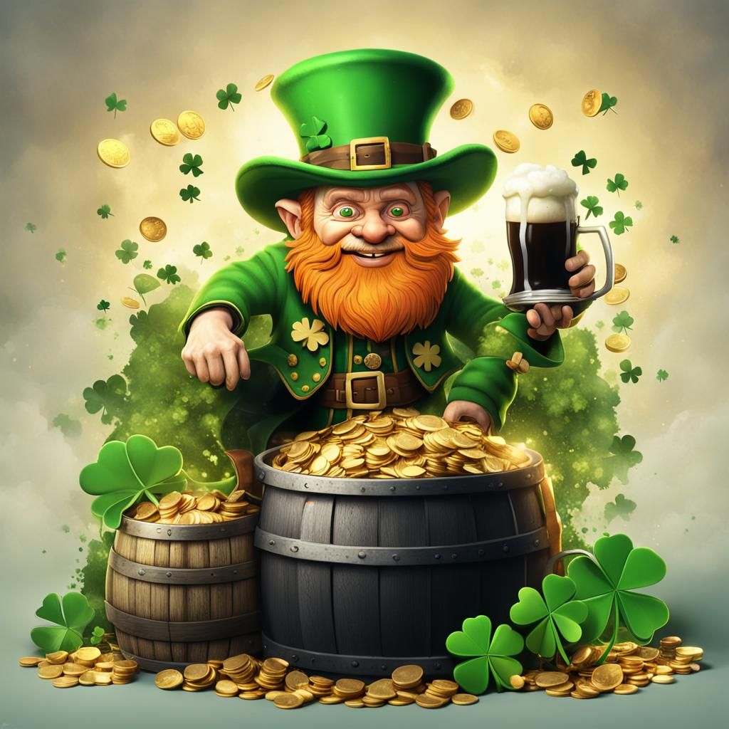 St Patrick's Leprechaun With Gold, Guinness and Clovers
