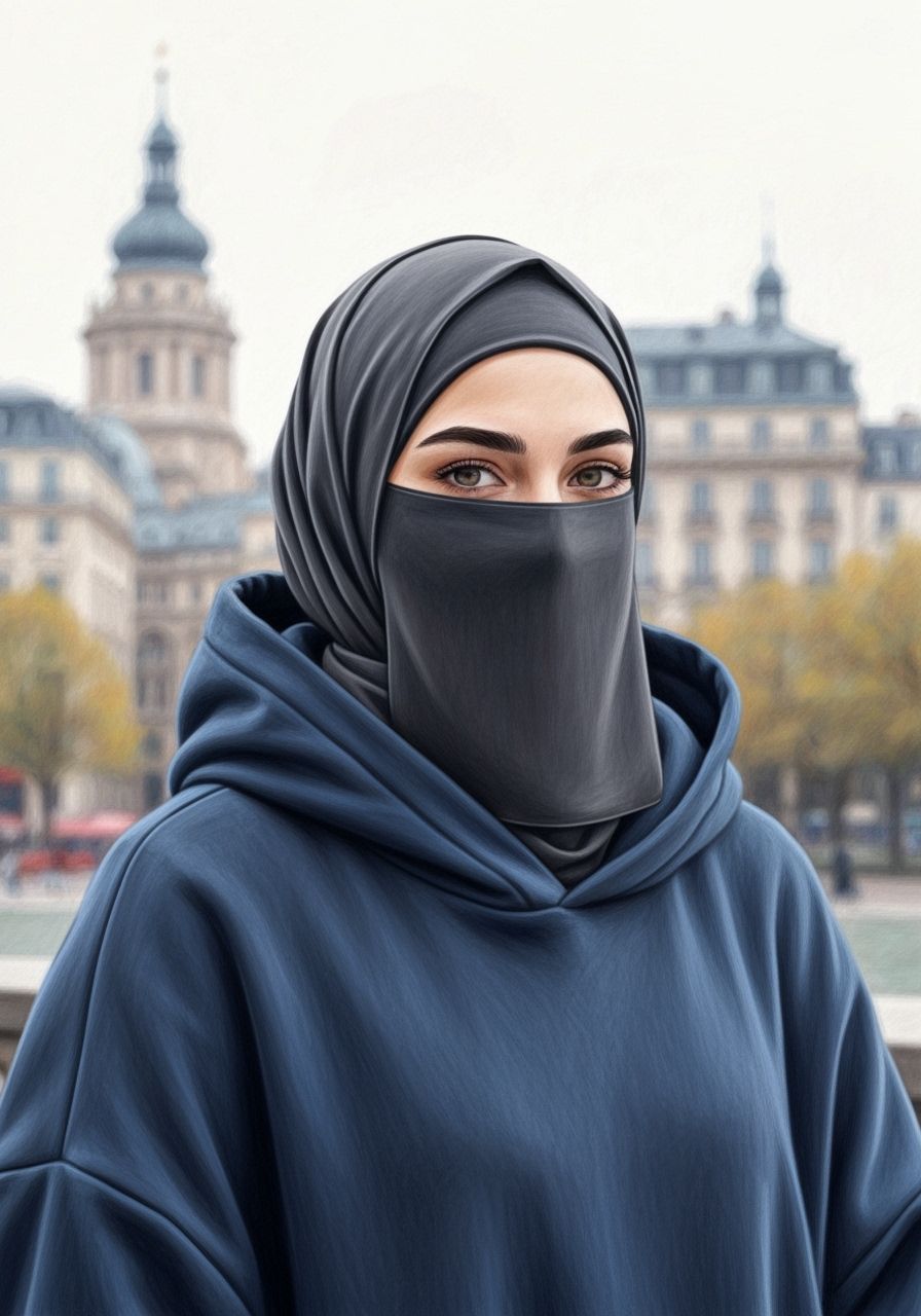 Elegant Hijabi Woman in Park, Color Pencil Painting