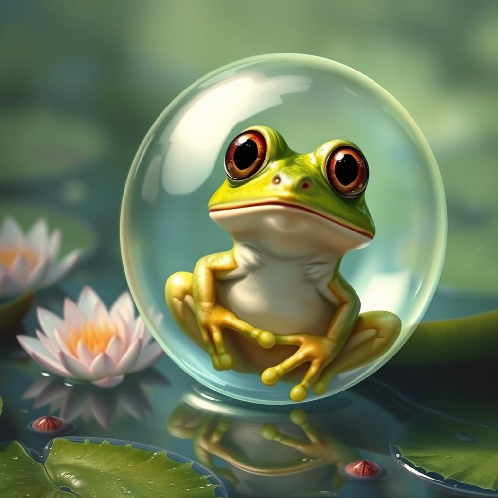Surprised Frog Trapped in Bubble, Ethereal Fantasy Art