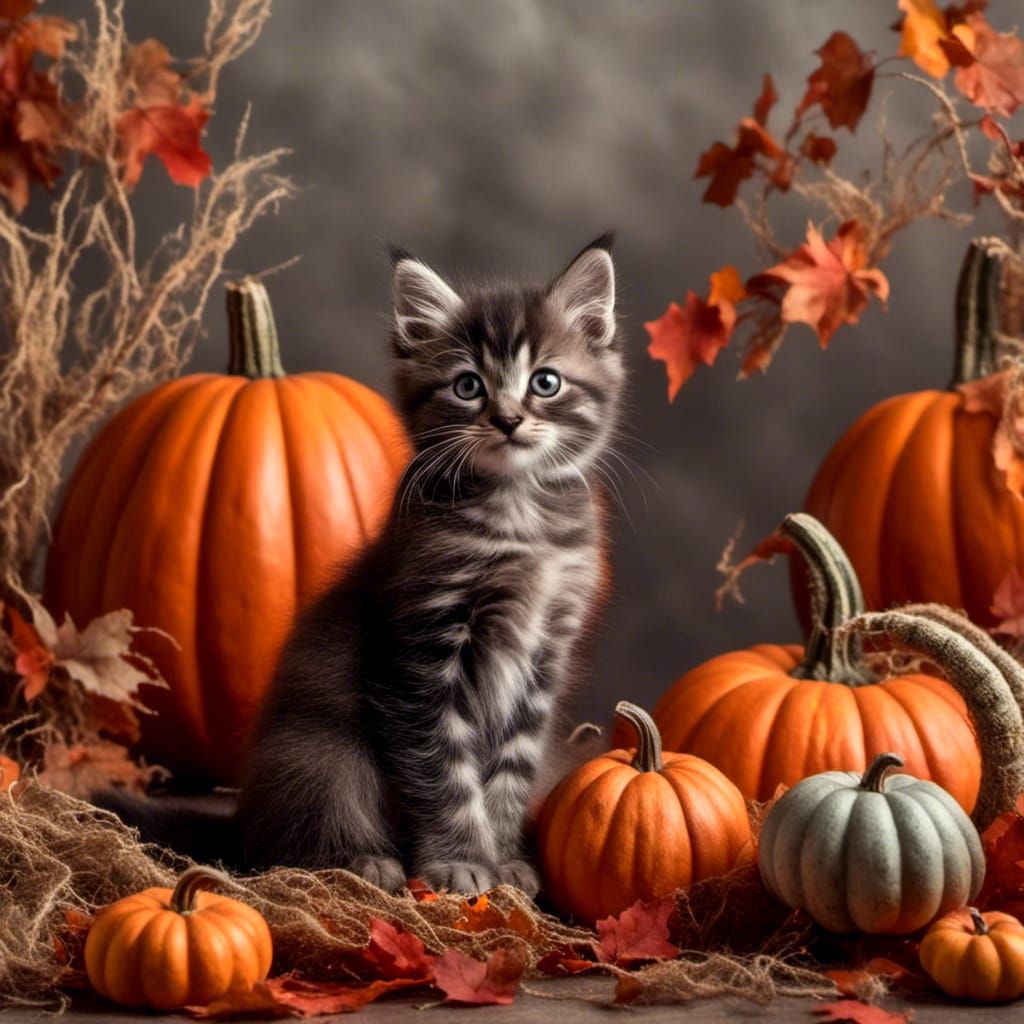 Halloween Kitten on Pumpkin, AI Generated
