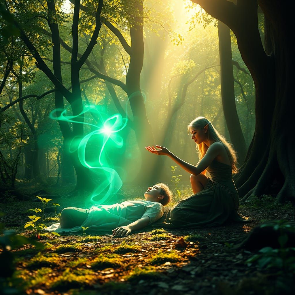 Elven Healer in Whimsical Forest Sanctuary