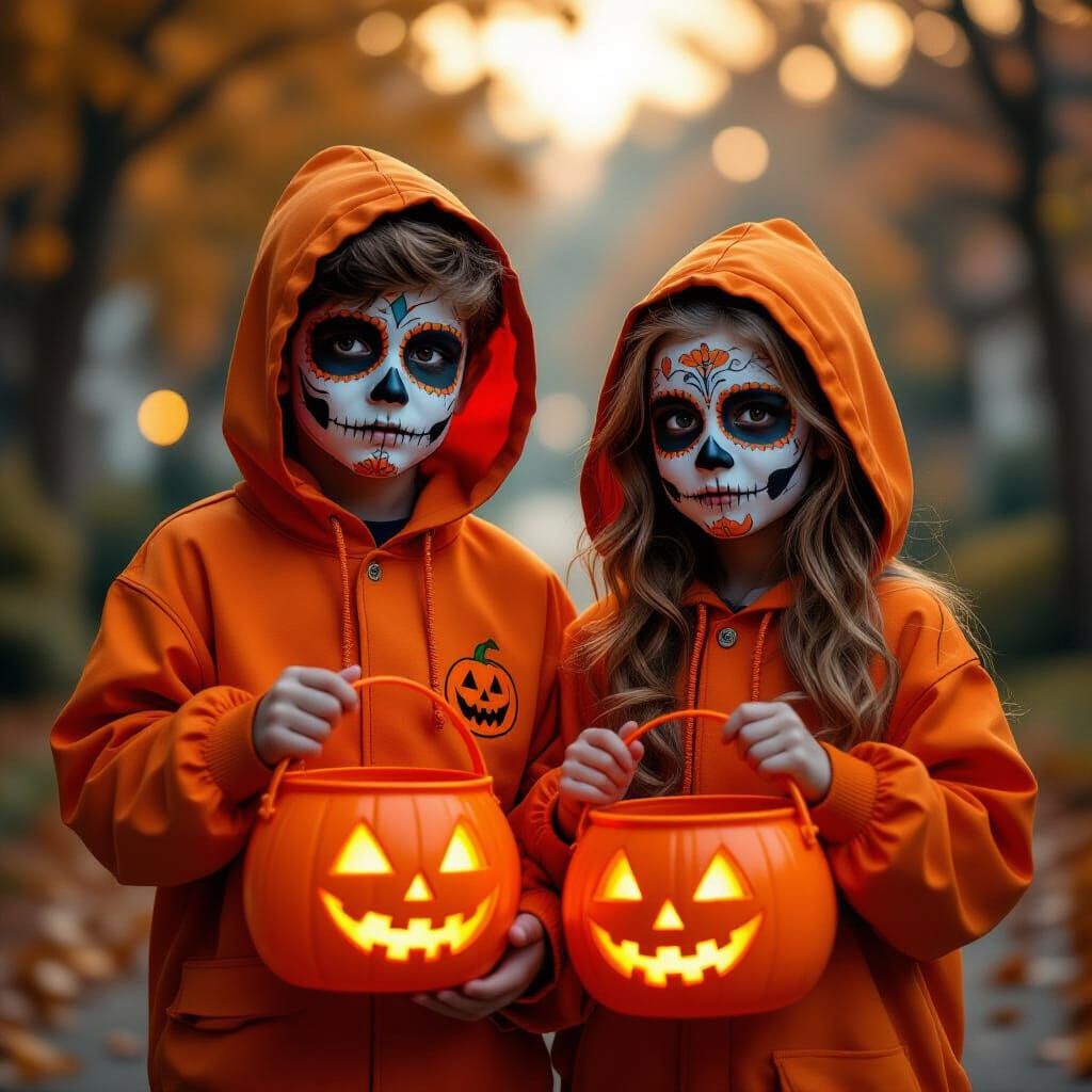 Day of the Dead Halloween Trick-or-Treaters in Foggy Glow