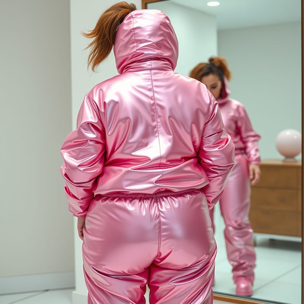 Woman in Pink Snowsuit Reflected in Mirror