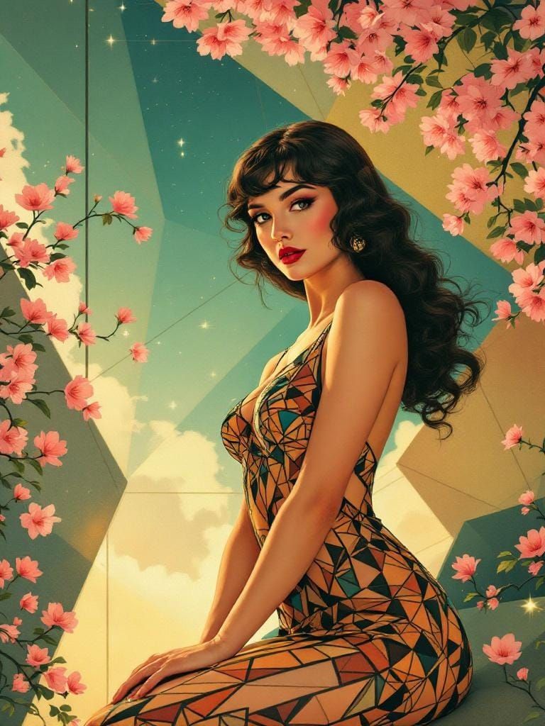 Retro Pin-Up in Geometric Garden, Bronze Age Style