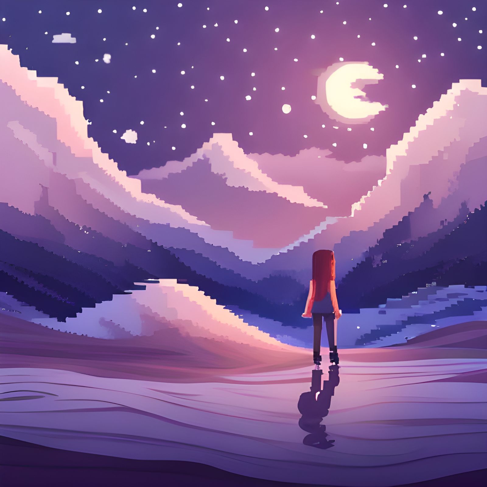Pixel Art Girl in Starry Moonscape