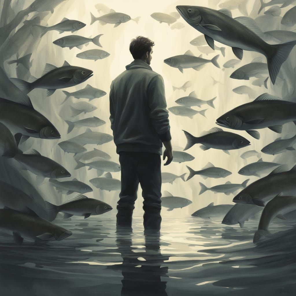 Human in Contrapposto Surrounded by Fish, Graphite Art