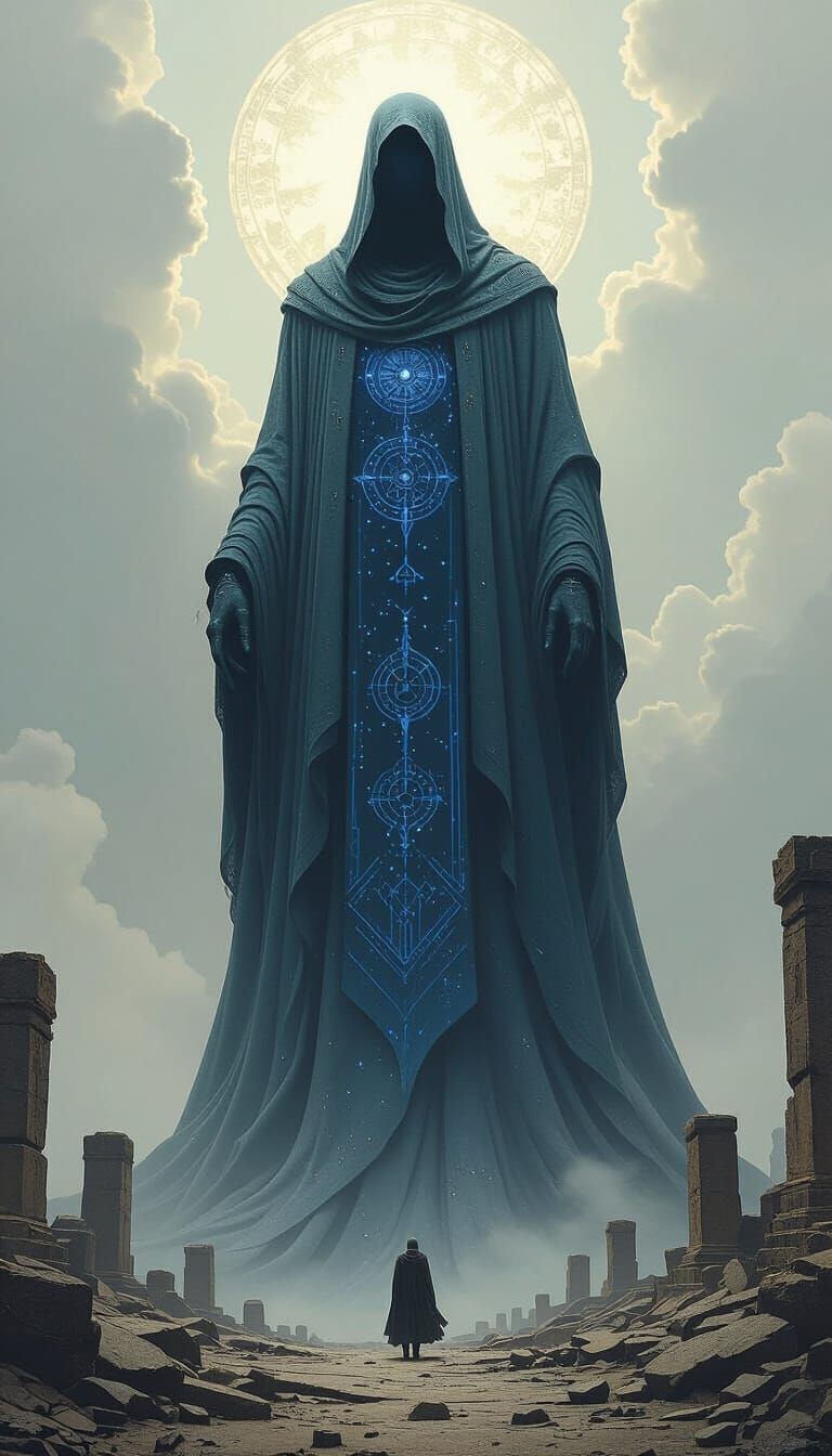 Colossal Figure Rising Above Ruined Sanctuaries