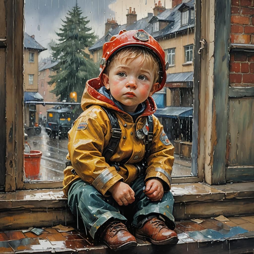 Toddler Fireman Gazing at Rain, in Expressionist Oil