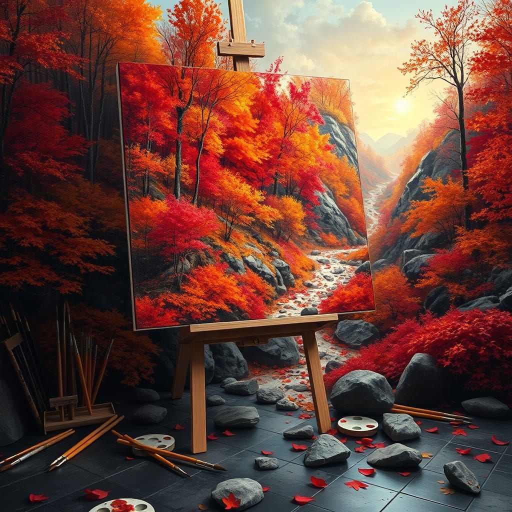 Autumn Forest Painting Flows Onto Studio Floor