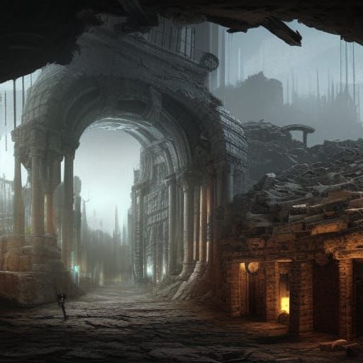 Post-Apocalyptic Cityscape with Viking Robots in Matte Paint...