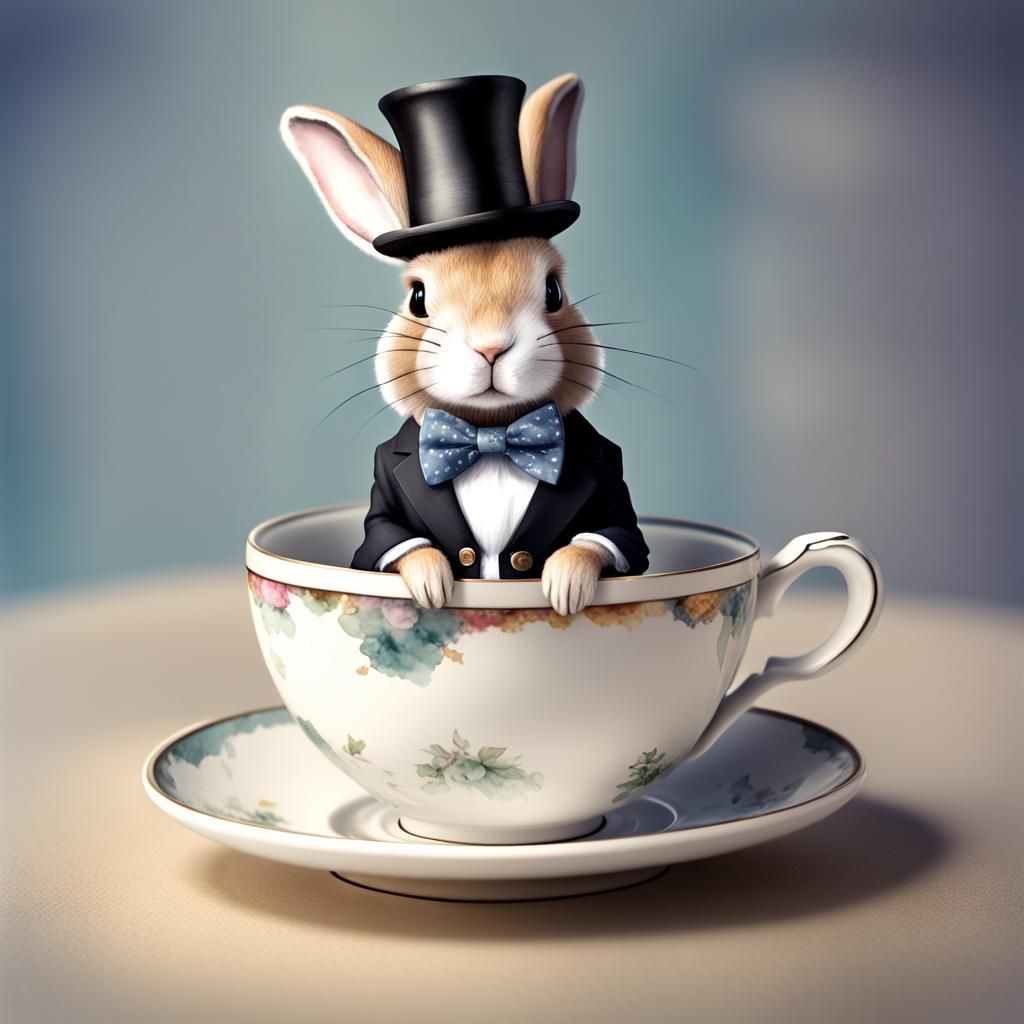 Chibi Rabbit in Teacup with Watercolor Splash