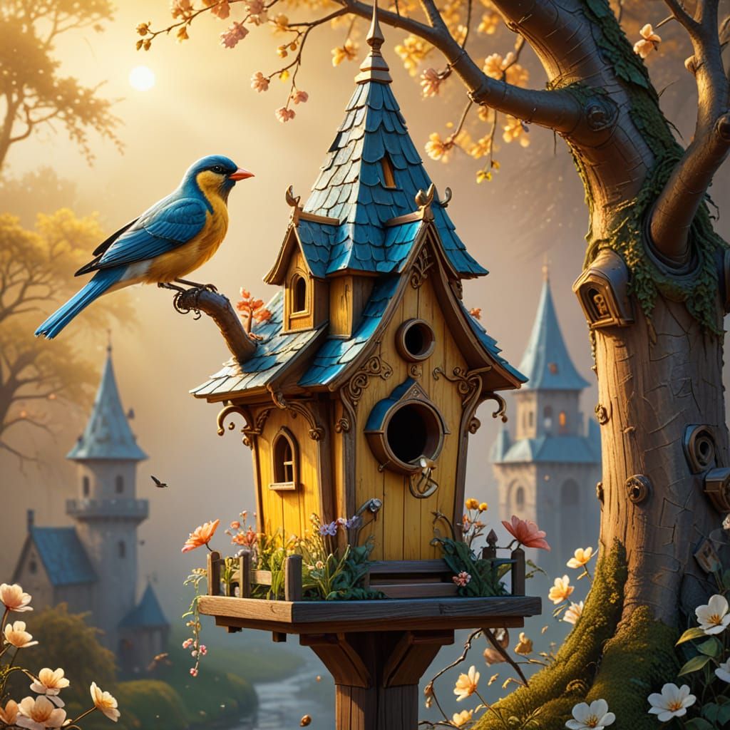 Majestic Bird and Castle Birdhouse in Oil Painting Style