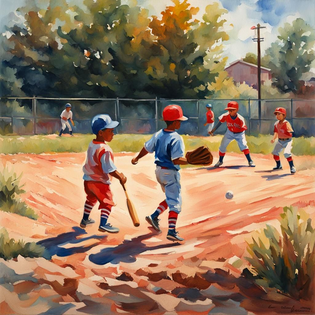 Children Playing Baseball in Gouache Style