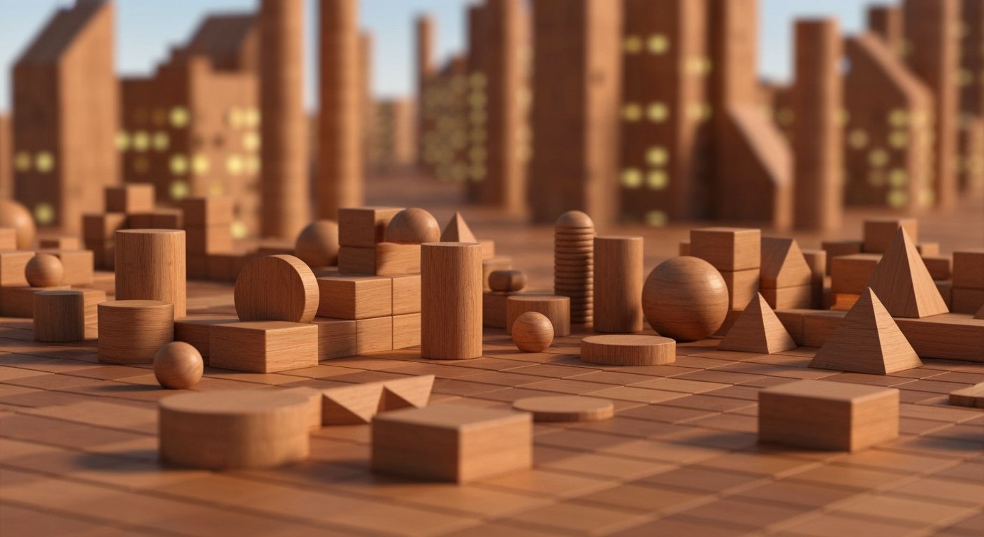 Wooden Cityscape of Geometric Structures at Sunset