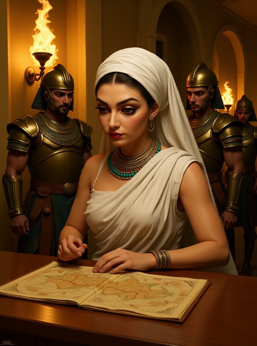 Woman Studies Ancient Map in Torchlit Egyptian Chamber