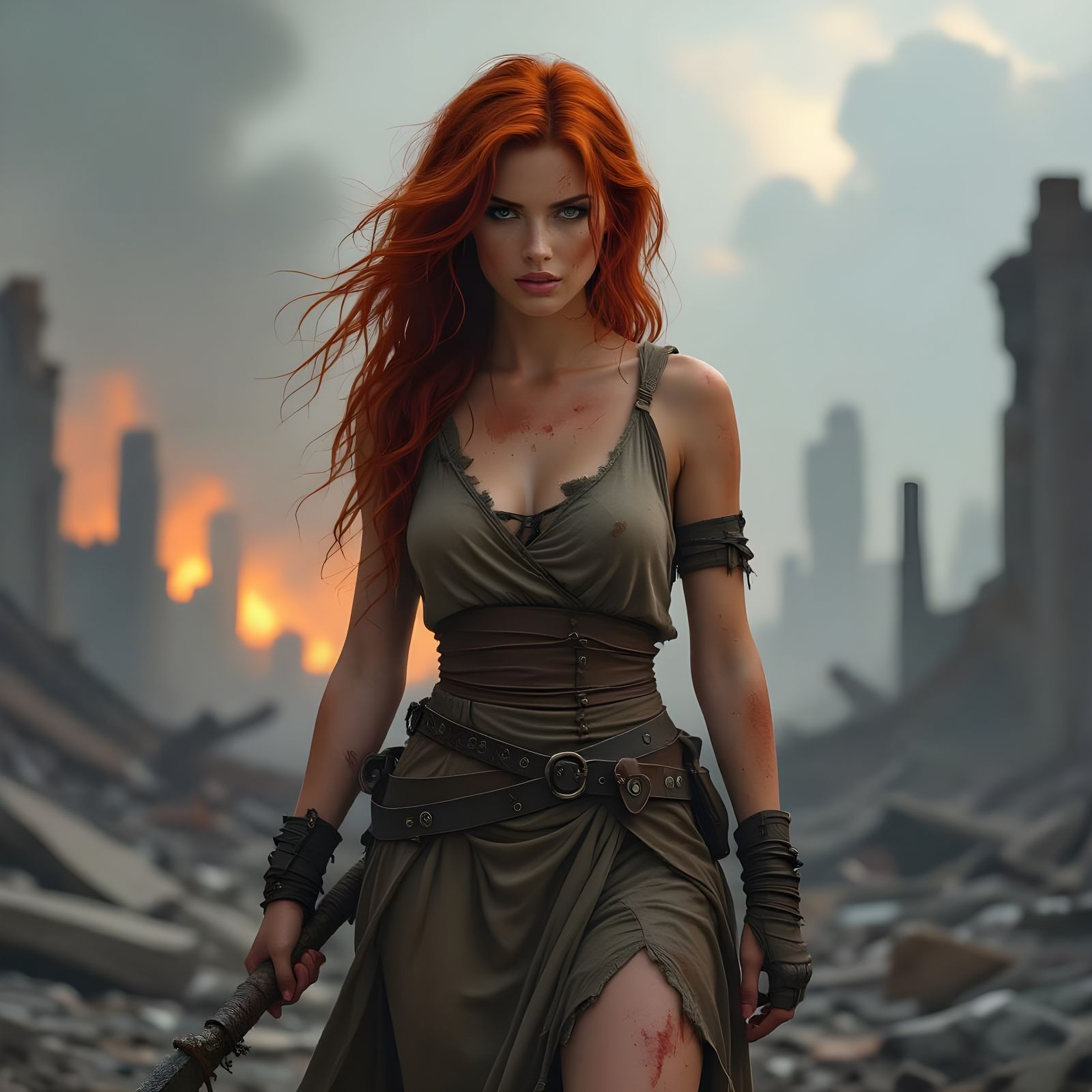 Resilient Redhead in Ruined Cityscape