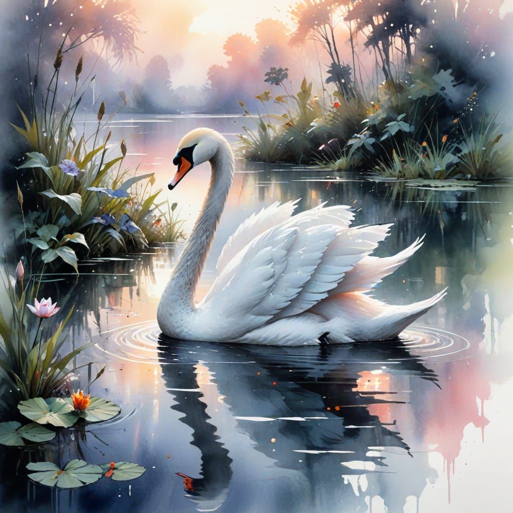 Ethereal Swan Reflected in Dawn Hues Watercolour Art
