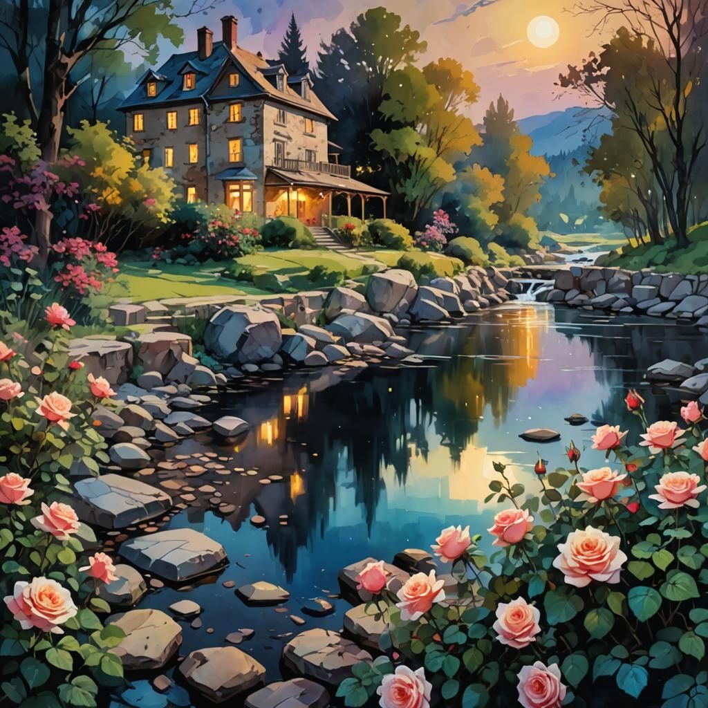 Country Houses by River in Digital Oil Painting