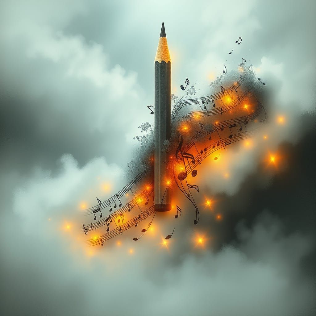 Pencil Transforms into Musical Notes in Dreamy Landscape