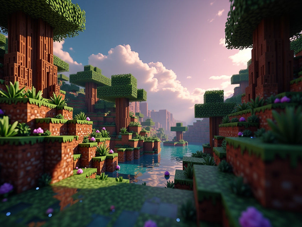 Mystical Blocky Realm: A Digital Art Landscape