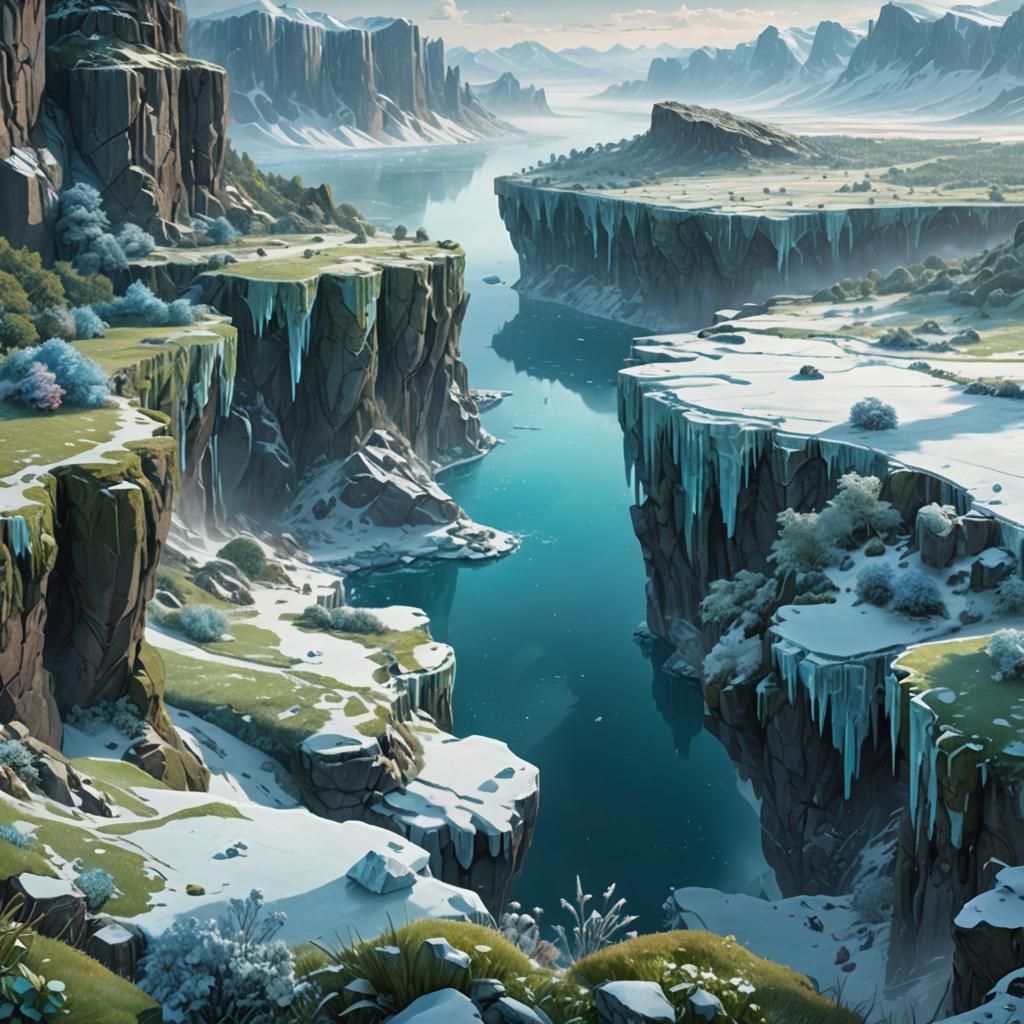 Panoramic Cliff View: Gardens Meet Frozen Wasteland