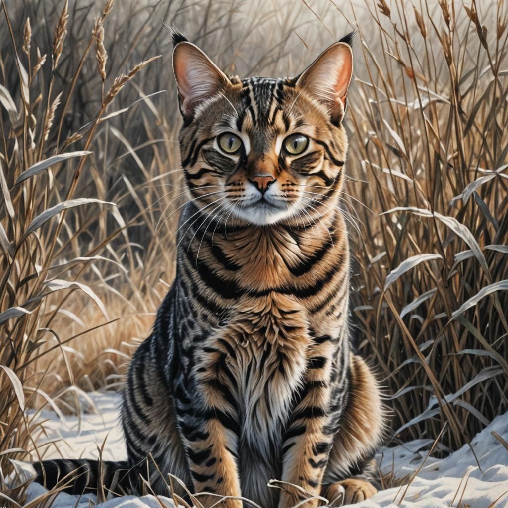Bengal Cat in Winter Grass: Charcoal Drawing