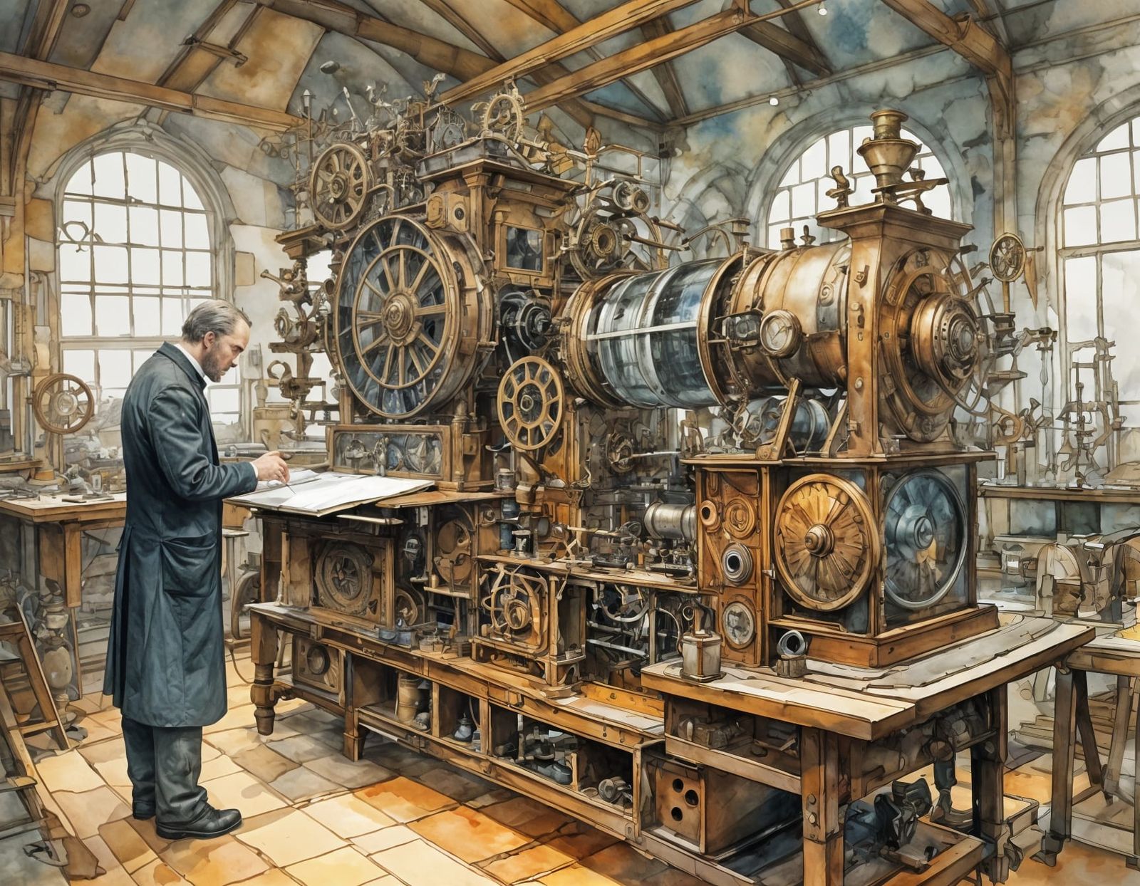 Steampunk Inventor in Whimsical Workshop